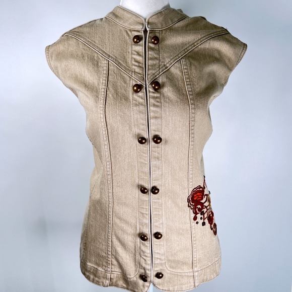 Christopher & Banks Jackets & Blazers - Christopher Banks Tan Denim Vest Embroidered Floral Butterfly Studded Size XL